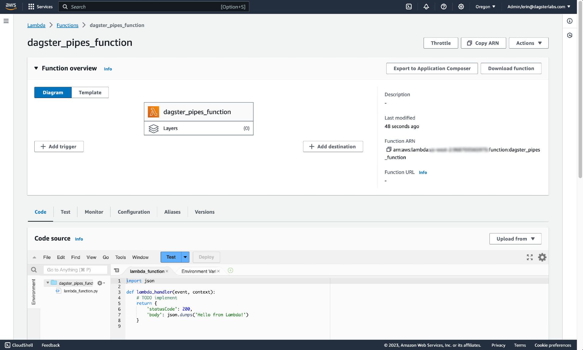 The lambda function details page in the AWS UI